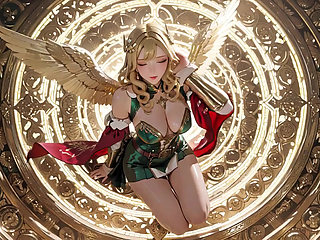Blonde Angel Queen! Sacred kneeling in a grand cathedral, the green robe barely hiding her soft curves. She glances back shyly.