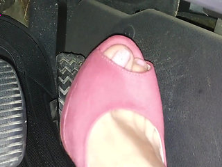 Barefoot Driving and Revving in Vivid Pink High Heeled Sandals
