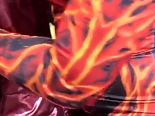 Red Nylon Jumpsuit Fetish Cameltoe Tease, Deep Blowjob and Cum on My Downjacket