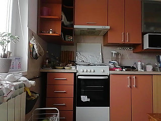Hot mom prepares food naked in the kitchen. Amateur wife hairy pussy, big tits, big ass.