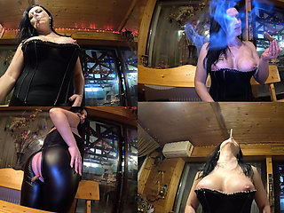 No Panties MILF in Zipper Leather Pants. Fat Cigar Anal Play and Smoking Masturbation
