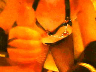 Swemature in a dark hotel corridor, pleasuring herself with a big black dildo, sucking and jerking cock.