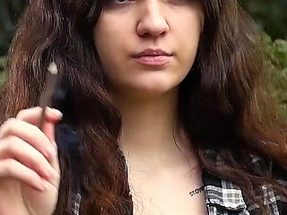 Sweet and Busty Russian Babe Smoking Cigarette in Nature