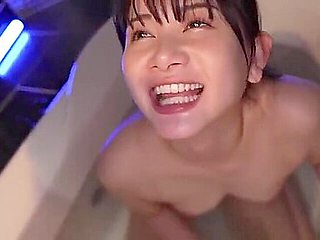 He takes a bath with a beautiful girl in uniform, gives her a blowjob, and then fucks her from behind.