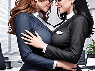 lesbians office girls kiss at work place (Ai animation)