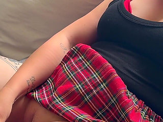 Horny Schoolgirl Fucks Her Pussy While Smoking with a Dildo