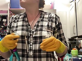 REQUEST! Wearing rubber gloves to do topless washing up