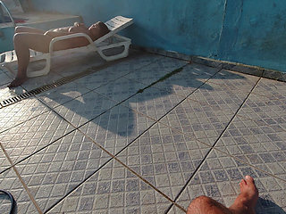 Exhibitionism in the Pool Fucking in the Backyard and Cum in the Hairy Slut's Mouth!