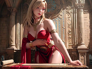 Blonde Queen in Red! Sitting by the fountain, adjusting her slit dress... Eyes locked on you.