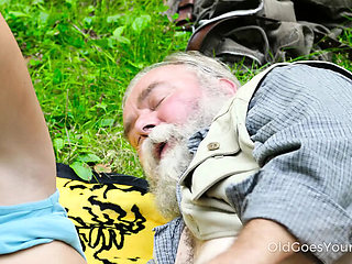 Fresh Blonde Teen Gets Pleased by Older Man in Outdoor Tent