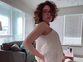 Amateur busty brunette masturbates and does hand job