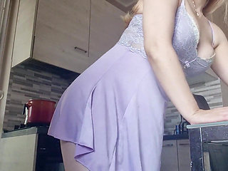 Hot Girl in the Kitchen Without Panties