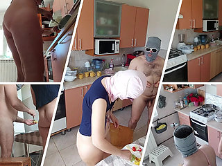 Hot amateur couple have fun in the kitchen.