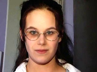 Glasses Cute Brunette Slurps Big Cock on Toilet