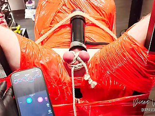 Diana Von Rigg Merciless Cock Milking - Tight Shiny Red Plastic Mummification & Remote Anal Stimulation