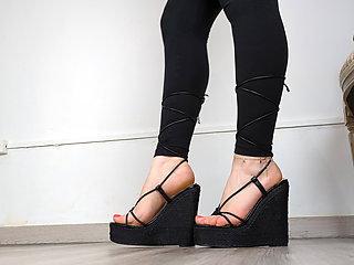 (663) Shoe Collection: Lace up Black Wedge Sandals - Dame Olga