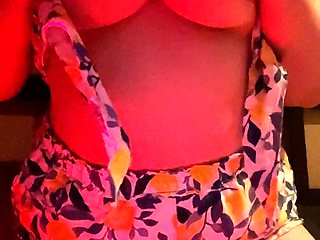 Busty curly brunette with big boobs fucks on couch