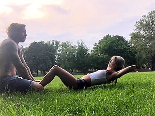 Outdoor blowjob from a blonde slut in public