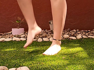 My Stepsister Can't Stop Ejaculating, orgasm with Tickling with Grass on Her Feet