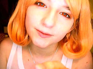 Cosplay teen cutie poses and plays with herself on webcam