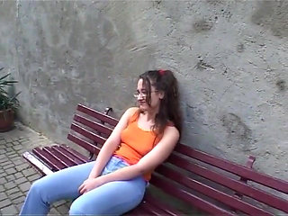 Young brunette fingering her pussy found out by two rough men