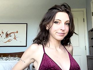 Busty curly brunette with big boobs fucks on couch