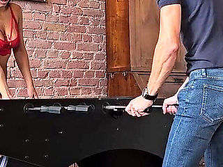 Behind the Scenes, Two Hot Brunettes Challenge Each Other to a Game of Billiards