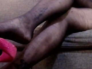 Black Nylon Pantyhose Dangling Hot Pink Heels