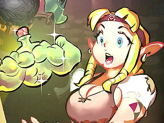 Zelda drinks muscle grow giantess potion and explodes into a muscled futanari behemoth with muscles as big as mountains