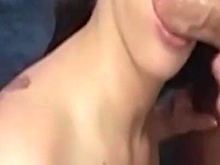 Busty Brunette Deepthroats Bulging Cock with Dripping Tits
