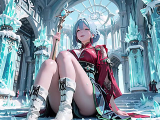 Ice Throne! Silver-haired Mage in Red-Green Gown Kneeling, Blue-Haired Partner Teasing in Snowy Realm!
