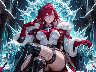 Red-haired Sorceress makes a stunning entrance in the Crystal Hall, robe slightly open and staff tapping seductively.