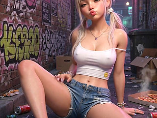 Blonde in public alley, masturbates on the floor with braces and white top