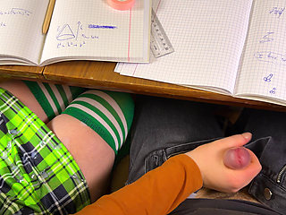 SCHOOLGIRL Giving him Handjob in MATH class under the Table at School. Risky Masturbation in a Public Class.