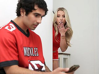 Blonde Tiffani Time in a red crop top watches him drop his shorts