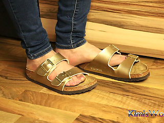 Jeans and Gold Two-strap Sandals - Nylon Feet Tease