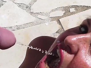 Blonde Shorthaired Babe Pisses Guy in Mouth and Then He Punished Her by Pissing in Her Mouth