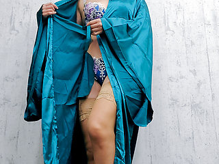 Japanese Wife in Satin Robe and Lingerie