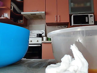 Hairy brunette bread, big tits, sensual hairy woman in the kitchen. Sexy MILF, hairy pussy, big ass