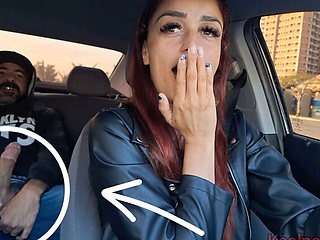Slutty Brazilian Driver Catches Passenger Jerking Off in Car - Blowjob & Swallow in 4K