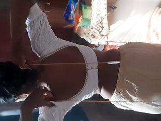 Stepsister is trying to touch stepbrother sister wearing blouse bra saree after taking open bathroom bath