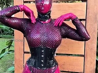 Outdoor solo masturbation scene with curly blonde