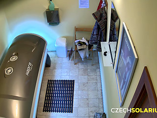 Czech Solarium 1: Brunette Peeling off for a Naughty Pussy Show
