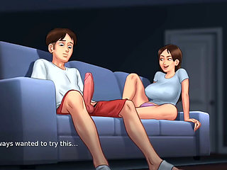 Debbie gives Anon's huge monster cock a surprise footjob - summertime saga gameplay