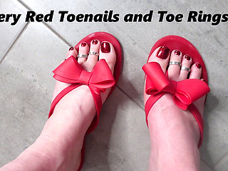 Glittery Red Toenails and Toe Rings JOI