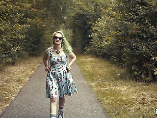 Naughty college girl walks in the notorious woods full of flashers