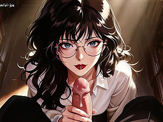 glasses beautiful woman , the private study session in the library.Super temptation. AI generated