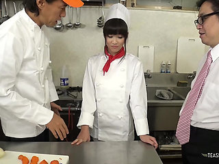 The chef and restaurant management reprimand the Asian cook by instructing her to squeeze thick veggies