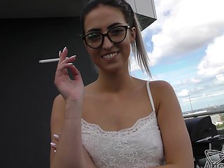 Blond babe Alyssa strokes her smooth shaven snatch in a steamy sauna