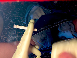 Rubber Glove Semen milking and smoking....